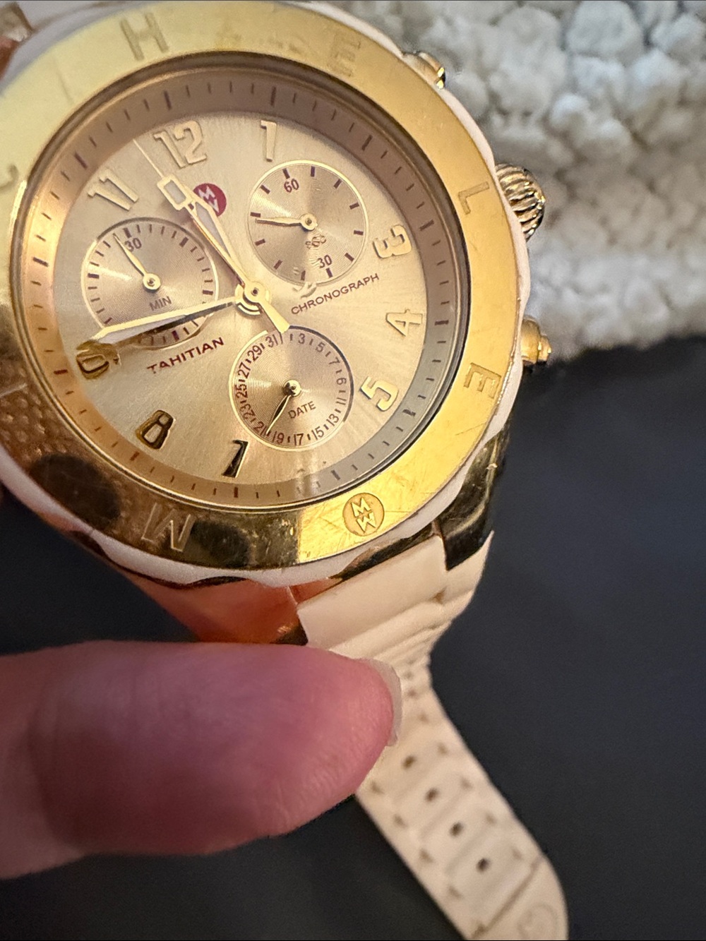 Michele Gold-Tone Chronograph Men’s Watch with Cream Strap